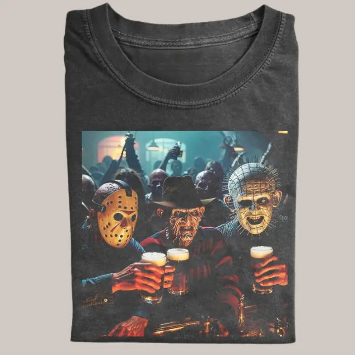 Halloween Vintage Tees, Jason X Freddy X  Pinhead T-Shirt, Horror Movie Shirt, Unisex Funny Halloween Shirt Menswear Womenswear Streetwear