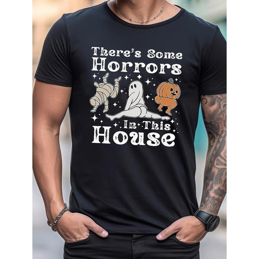 Halloween collection,cotton T-shirt, 'There's something scary in this house', niche design print, quality breathable material, casual and versatile Made in USA