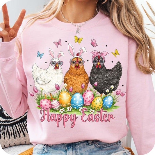 Happy Easter Day Chicken Sweatshirt Easter Chicken Retro Easter Spring Flowers Coquette Gift