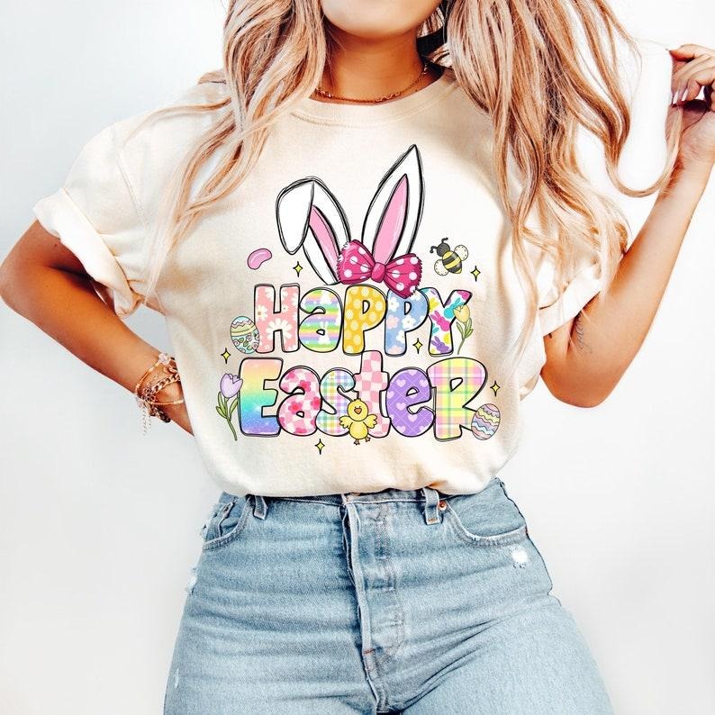 Happy Easter, Retro Easter, Easter Bunny, Pastel Coquette, Floral Spring, Bunny Bow, Trendy Girls T-shirt