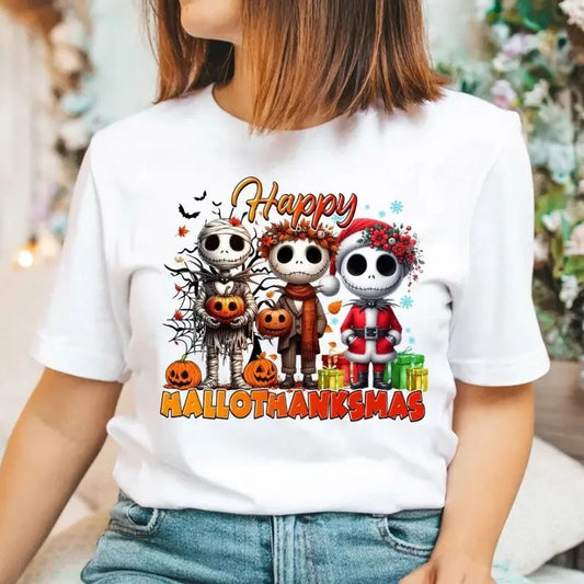 Happy Hallothanksmas Shirt, Halloween Shirt, Thanksgiving Shirt, Christmas Characters Shirt Halloween Nightmare Tee