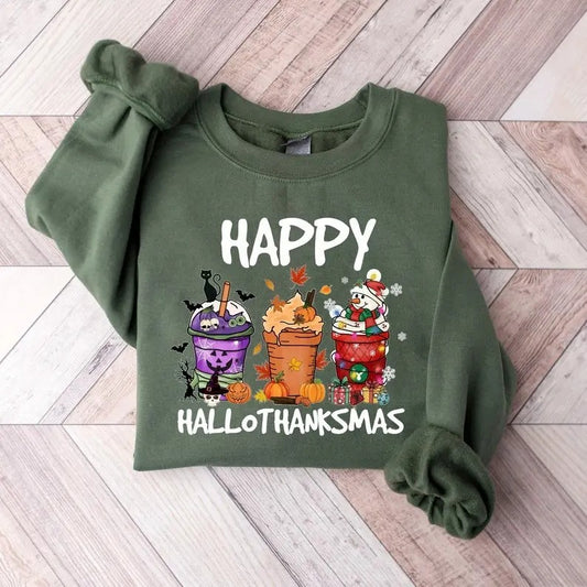 Happy Hallothanksmas Sweatshirt , Christmas Sweatshirt, Thanksgiving Shirt, Christmas Shirt, Coffee Pumpkin Spice Iced