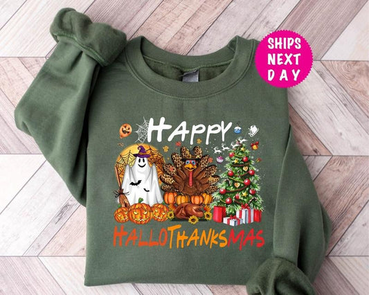 Happy Hallothanksmas, Halloween Shirt, Christmas T-Shirt, Thanksgiving Shirt, Women Sweater, Women Gift, Gift For Halloween, Christmas Gift