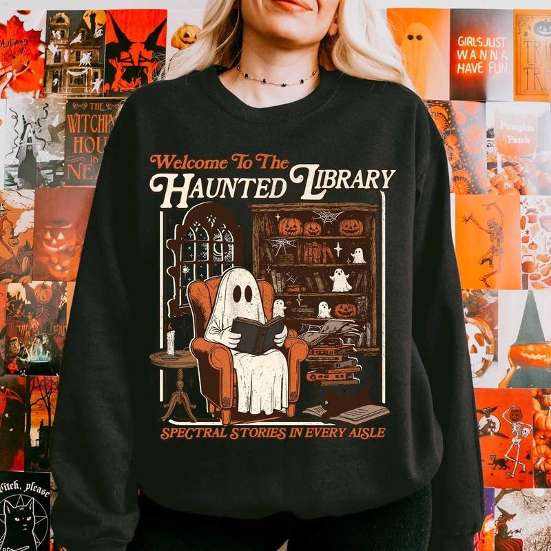 Haunted Library Shirt, Retro Ghost Reading Books Sweatshirt, Reading Ghost Fall Sweater, Librarian Ghost Halloween, Teacher Gift