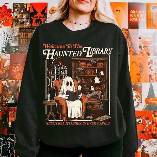 Haunted Library Shirt, Retro Ghost Reading Books Sweatshirt, Reading Ghost Fall Sweater, Librarian Ghost Halloween, Teacher Gift