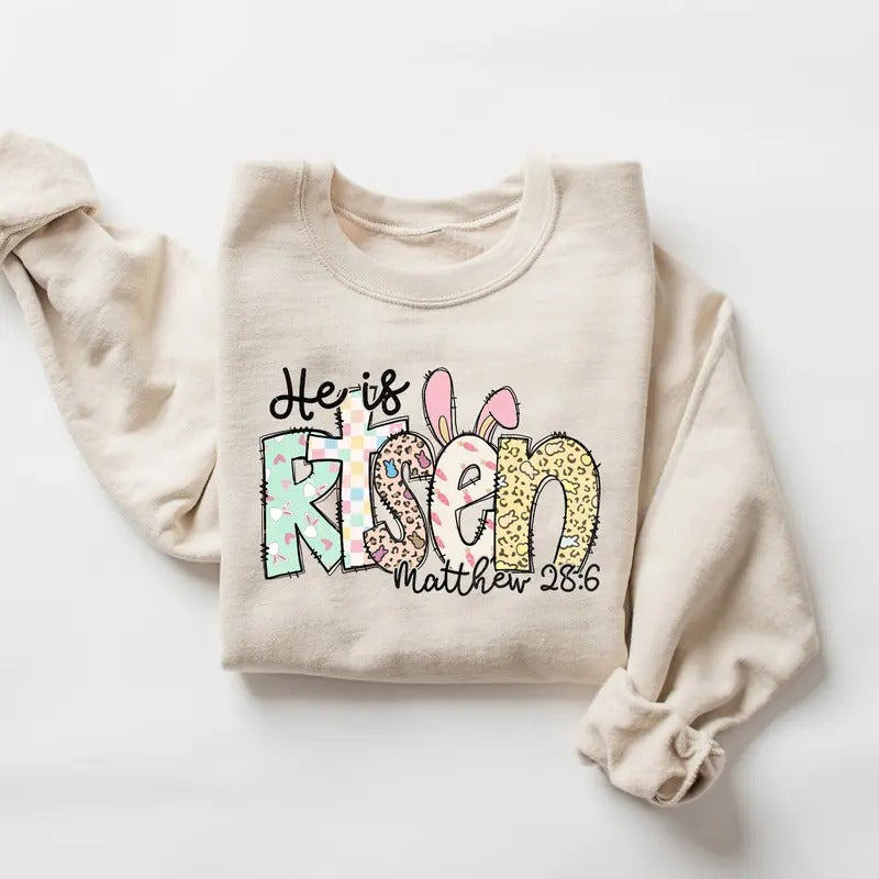 He Is Risen Matthew 28:6 Sweatshirt, 2025 Easter Sweatshirt, Retro Easter Sweater,Easter Christian Shirt, Easter Bible Verse, Risen Doodle Crewneck