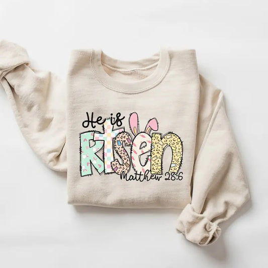 He Is Risen Matthew 28:6 Sweatshirt, 2025 Easter Sweatshirt, Retro Easter Sweater,Easter Christian Shirt, Easter Bible Verse, Risen Doodle Crewneck