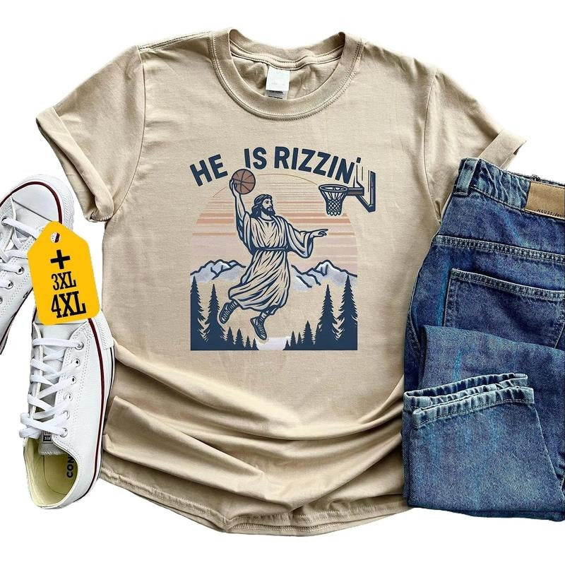 He Is Rizzin' Funny Jesus Playing Basketball Shirt, Retro Y2K Christian Faith Tee, Humor Easter Shirt, Easter Gift, Hilarious Holiday Apparel