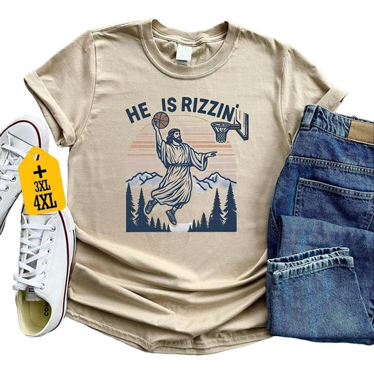 He Is Rizzin' Funny Jesus Playing Basketball Shirt, Retro Y2K Christian Faith Tee, Humor Easter Shirt, Easter Gift, Hilarious Holiday Apparel