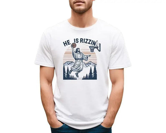 He Is Rizzin' Funny Jesus Playing Basketball Tshirt, Retro Y2K Christian Faith Tee,Hilarious Holiday Apparel Menswear Top Streetwear Casual