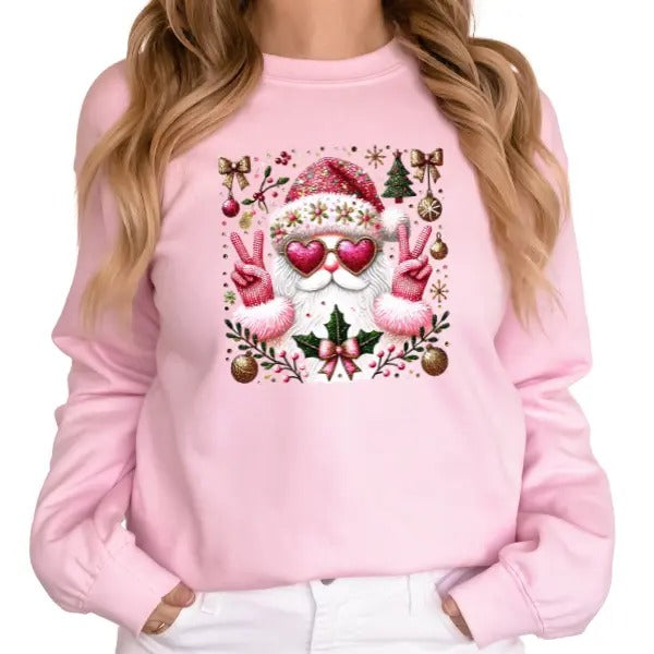 Cute Santa w/Heart Glasses Long Sleeve Crewneck Sweatshirt or Hoodie, Unisex Fit Christmas Pullover Sweater, Casual Bows & Trees Holiday Fashion Top
