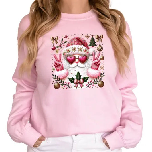 Cute Santa w/Heart Glasses Long Sleeve Crewneck Sweatshirt or Hoodie, Unisex Fit Christmas Pullover Sweater, Casual Bows & Trees Holiday Fashion Top