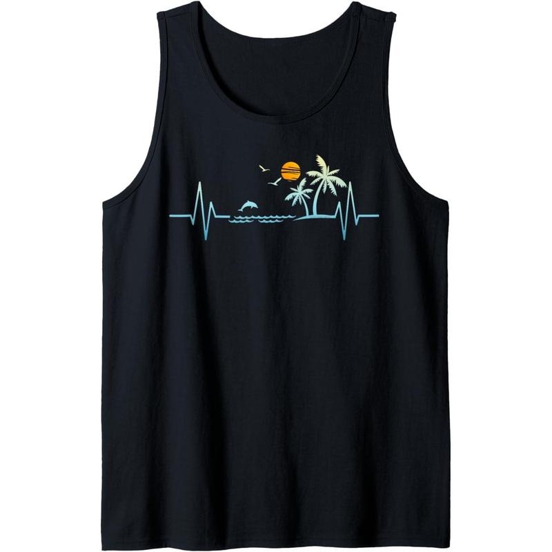 Heartbeat with Tropical Palm Trees Beach Island Sunset Tank Top MADE IN USA