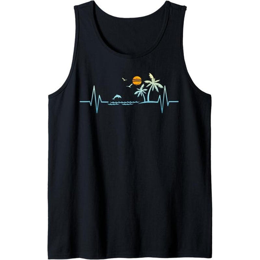 Heartbeat with Tropical Palm Trees Beach Island Sunset Tank Top MADE IN USA