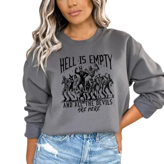 Hell Is Here and All the Devils Are Here" Oversized Unisex Crewneck Sweatshirt - Full Front Graphic, Retro-Inspired Halloween Vibes, Traditional Halloween Characters, Long Sleeve, Sizes Small to 5X - Perfect for Spooky Season