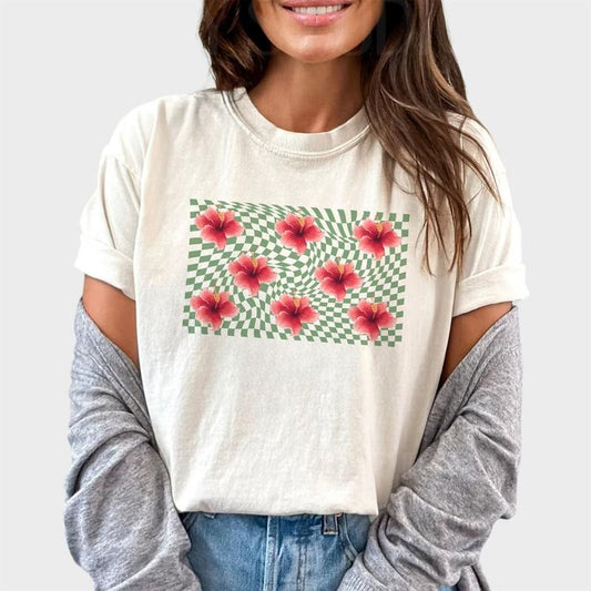 Hibiscus Flower Shirt, Aloha Hawaii Tee, Checkered Board Beach Vibes Graphic Tee Women, Summer Vibes Unhinged Shirt, Comfy Fabric Oversized Graphic Tee, Shirt For Girls, Women's Tops, Womenswear, Cotton Fabric Relaxed Fit Chic Style