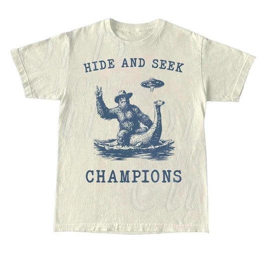 Hide And Seek UFO Shirt, Retro Bigfoot Shirt, Bigfoot Riding Dinosaur Shirt, Space Alien Unisex Relaxed Adult Graphic Tee, Funny Gifts Cotton Menswear
