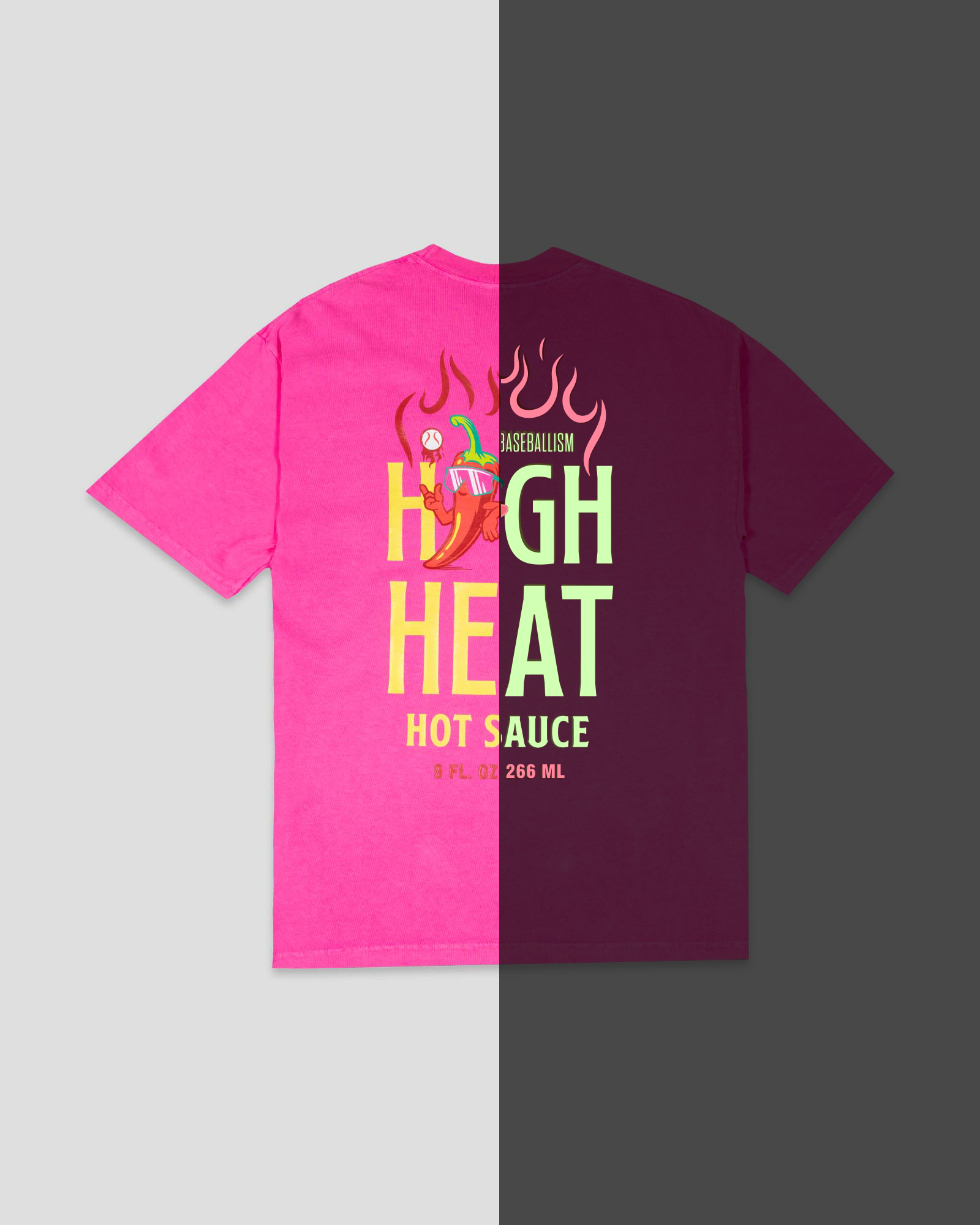 High Heat Hot Sauce Glow in the Dark Oversized T-Shirt (Hot Pink) Hoodie, Sweatshirt | CoreVibeTees.com (Image 1)