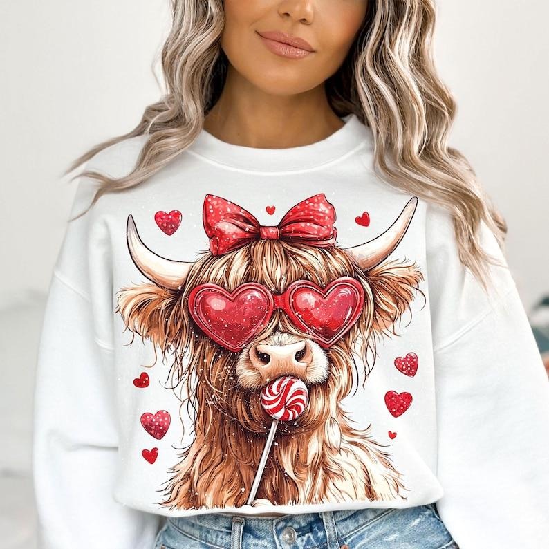 Highland Cow Coquette Valentine's Day Sweatshirt Retro Valentine , Valentine Heart , Love , s