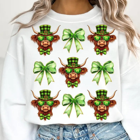 Highland Cow St Patricks Coquette Sweatshirt, Retro St Patricks Shirt, Shamrock Shirt, Lucky Sweatshirt