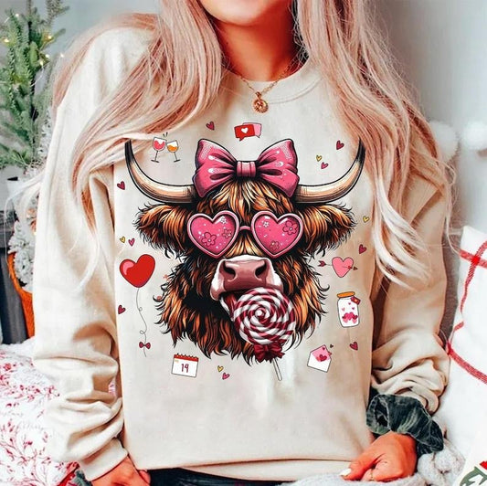 Highland Cow Valentine Coquette Sweatshirt Valentine's Day,
