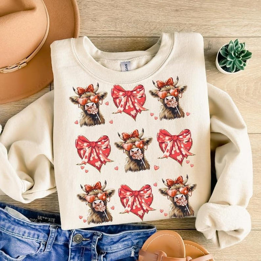 Highland Cow Valentine Coquette Sweatshirt, Valentine Heart , Love , Valentines