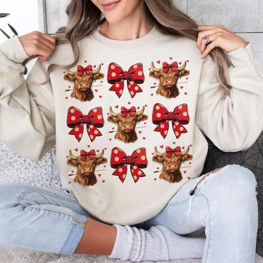 Highland Cow Valentine's Day Sweatshirt Coquette,Trending,Girly Valentine