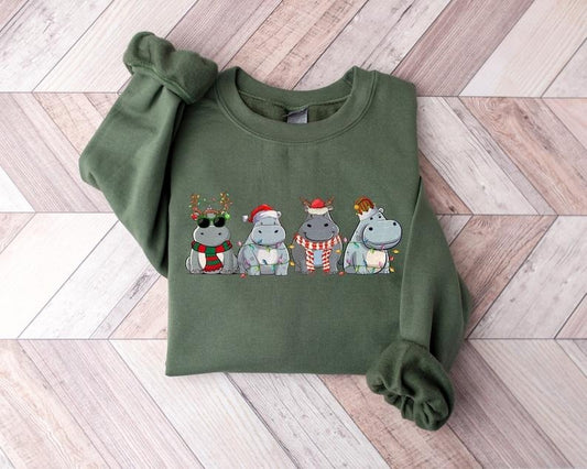 Hippopotamus Christmas Sweatshirt, Retro Hippo Christmas Light Sweatshirt, Hippo Lover Xmas Hoodie and Sweater; T-shirt Cotton Menswear Polyester Tops