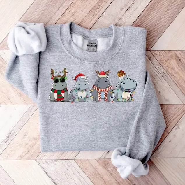Hippopotamus Christmas Sweatshirt, Retro Hippo Christmas Light Sweatshirt, Hippo Lover Xmas Shirt, Hippo Christmas Crewneck, Christmas Gifts  T-shirt, sweater and Hoodie