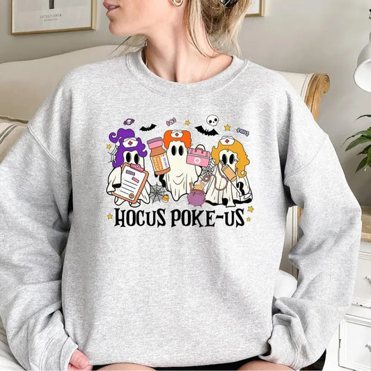 Hocus Poke-us Witch Nurse Halloween Sweatshirt, Medical Lab Tech Halloween Shirt, ER Crew Shirt, Spooky Health Professional Shirt, Hocus Poke-us, Trendy Gift For Her, Unisex Shirt In All Sizes And Colors For Men and Women
