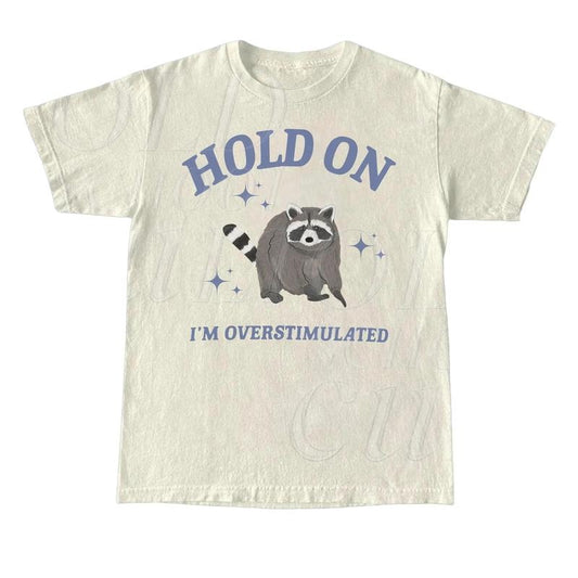 Hold On I'm Overstimulated T-Shirt, Retro Unisex Adult T Shirt, Funny Raccoon Shirt, Meme T Shirt, Funny Friends Gifts