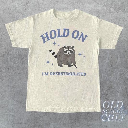 Hold On I'm Overstimulated T-Shirt, Retro Unisex Adult T Shirt, Funny Raccoon Shirt, Meme T Shirt, Relaxed Cotton Shirt,Funny Friends  T-shirt, sweater and Hoodie