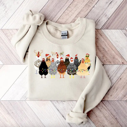 Vintage Сute Christmas Chickens Shirt/Sweatshirt/Hoodie, Retro Crewneck, Gift For Xmas, Cotton, Womenswear Tops