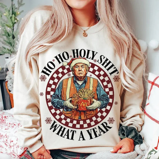 Ho Ho Holy Shjt What A Year Trump Tshirt/Sweatshirt/Hoodie, Retro Santa Crewneck, Gift For MyFriends, Cotton, Menswear Top