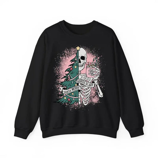 Skeleton Christmas Sweatshirt/Shirt/Hoodie, Sorta Scary Sorta Merry Funny, Christmas Funny Holiday Tee, Gift For Girlfriend, Full Color, Tee Print