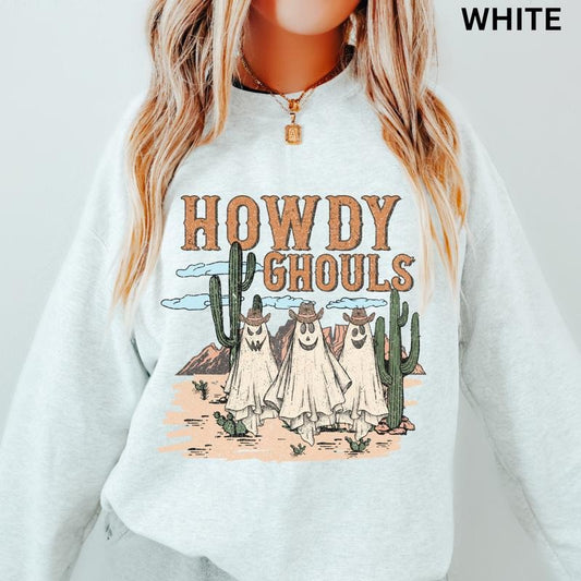Howdy Ghouls Halloween Sweatshirt, Western Ghost Crewneck, Desert Halloween Graphic Shirt, Casual Cotton Unisex Halloween Pullover