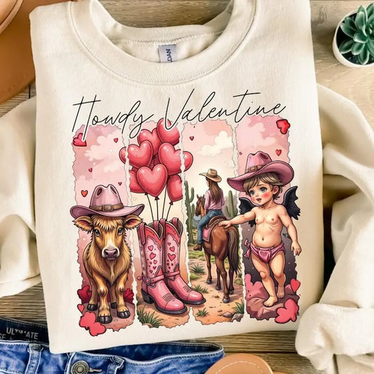 Howdy Valentine  Cupid Love Western XOXO Sweatshirt Retro Valentine Hearts Highland Cow Coquette Bow Valentine's Day gift