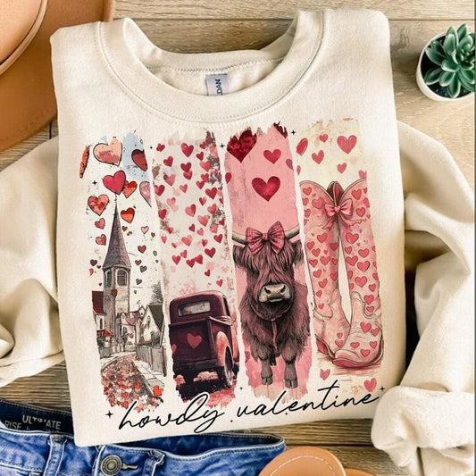 Howdy Valentine Coquette Sweatshirt, Valentines , Highland cow Sweatshirt, valentinesbow cupid Sweatshirt,