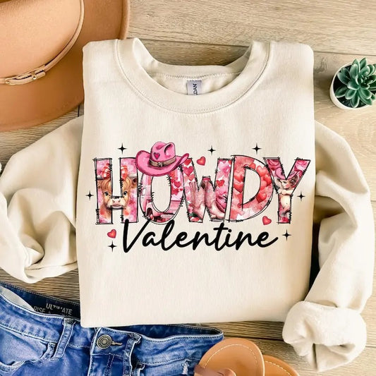 Howdy Valentine Sweatshirt Western Valentines , XOXO , Retro Valentine Hearts , Highland Cow , Baby Cupid , Love