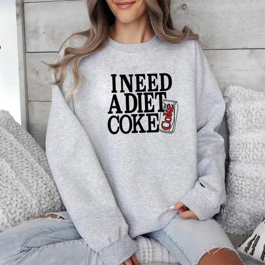 I Need A Diet Coke Sweatshirt - Fashion Casual Long Sleeve Crewneck, Retro Soft Drink Graphic Pullover, Trendy Street Casual Soda Lover Sweater for Women