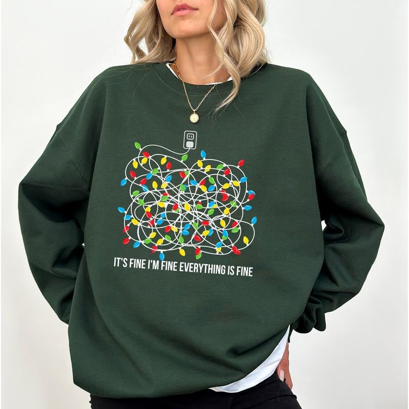 I'm Fine Everything Is Fine Christmas Sweatshirt, Funny Xmas Sweater, Christmas Gift Ideas for Girls, Holiday Women's Tops, Comfy Womenswear