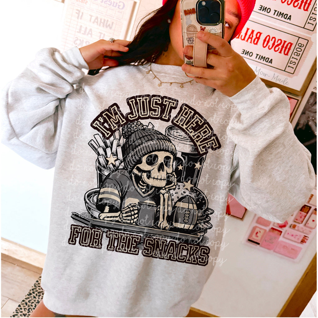 I'M JUST HERE FOR THE SNACKS GREY SWEATSHIRT T-Shirts, Hoodie | CoreVibeTees.com (Image 1)
