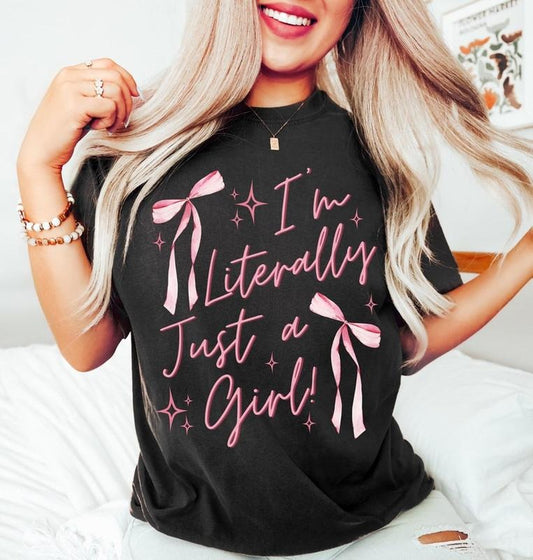 Im Literally Just A Girl Tshirt, Trendy Girly Shirt, Bow Sticker T-Shirt, Girlhood, Baddie, Trending Shirt Graphic Tees Womenswear