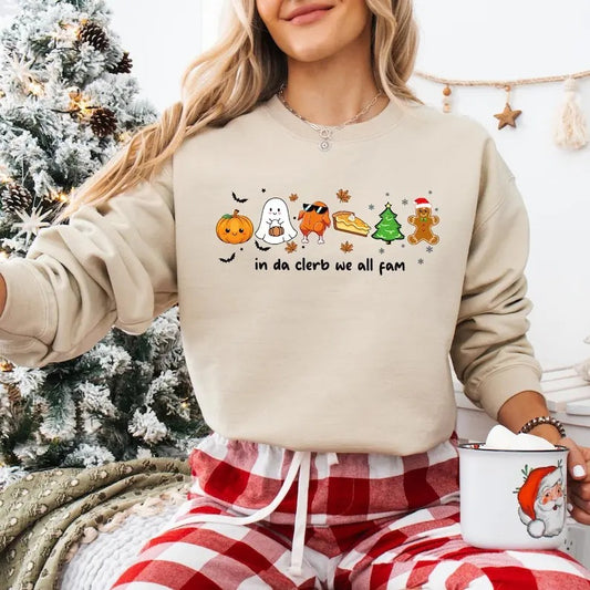 In Da Clerb We All Fam Christmas Sweatshirt, Santa Christmas Shirt, Hallothanksmas T-shirt, Spooky Halloween Tee, Turkey Thanksgiving Teestyle{n002}2