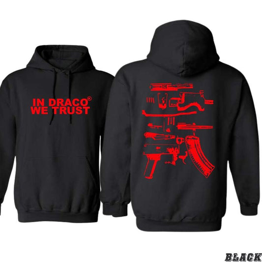 In Draco We Trust Hoodie - Red Gunn Parts Design Shirt - Trendy Hoodie for Men and Women Menswear Sweaters