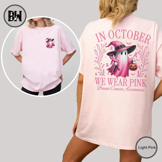 In October We Wear Pink Ghost Shirt, Halloween in October We Wear Pink, Retro Breast Cancer Awareness Shirt, Breast Cancer Awareness Shirt, Pink Ribbon Shirt, Wear Pink Pumpkin