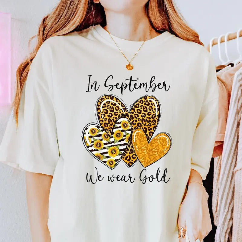 In September We Wear Gold Childhood Cancer Awareness Hearts Shirt Childhood Cancer Awareness Shirt Childhood Cancer Sunflower Shirt