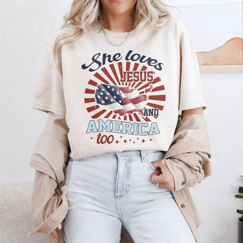 Independence Day Shirt, 4th of July Christian sweatShirt, She Loves Jesus And America Too Shirt, America Retro Shirt, Usa Shirt, USA Flag  T-shirt, sweater and Hoodie
