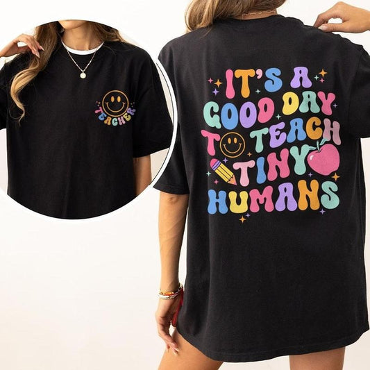 It's A Good Day To Teach Tiny Humans, Teacher Women Top, Retro Teacher Back To School Tee, Funny First Day Of School Shirt, Cute Teacher T-Shirt, Teacher Team Outfits, Kindergarten Teacher, First Grade Shirt, Teacher Women Tops