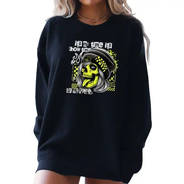 'It's My Time, It's Showtime' Crewneck Sweatshirt, T Shirt, or Hoodie Pullover | Punk, Alt, Grunge, Goth, Skeleton Style, Aesthetic, Casual